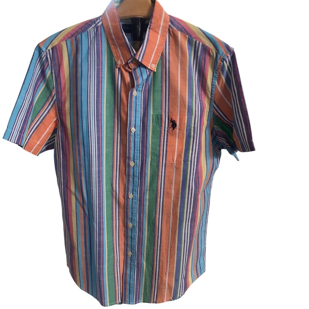 US Polo Assn Mens Small Multi Color Striped Short Sleeve Button Down Shirt S
